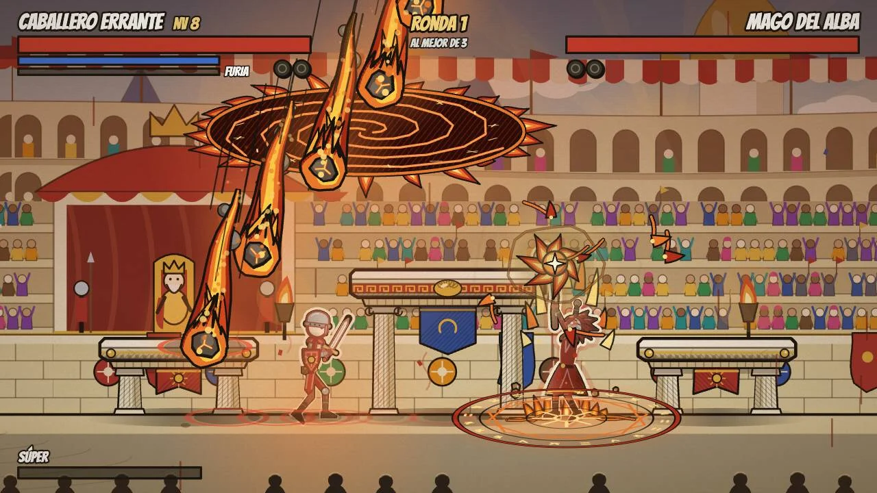 MOH: Age of Champions combat: the Dawn Mage casts Meteor Rain against a warrior in the coliseum